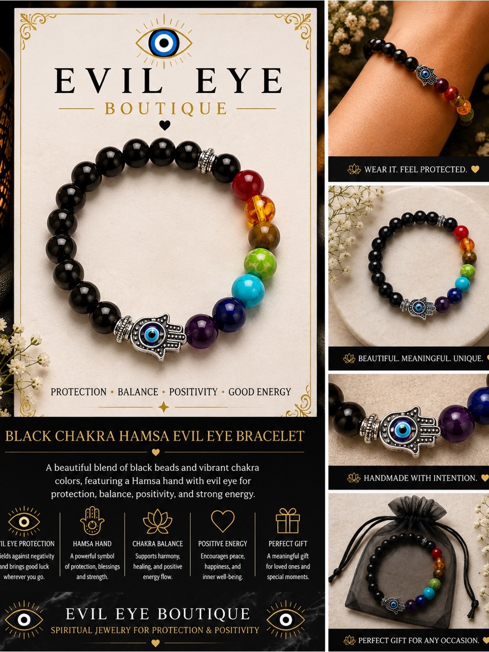 🖤🪬Black Chakra Hamsa Bracelet - Multicolor🪬🖤#2